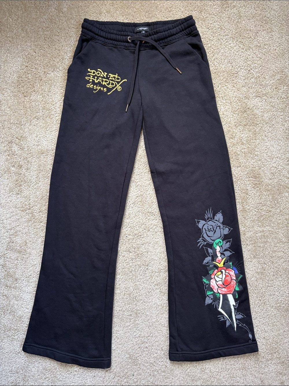 Ed Hardy Black Sweatpants with Yellow Logo and Swallow Rose Graphic